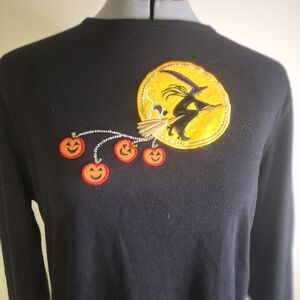 Black Long Sleeve Top with Witch and Pumpkins By Studio Treat   Size Large